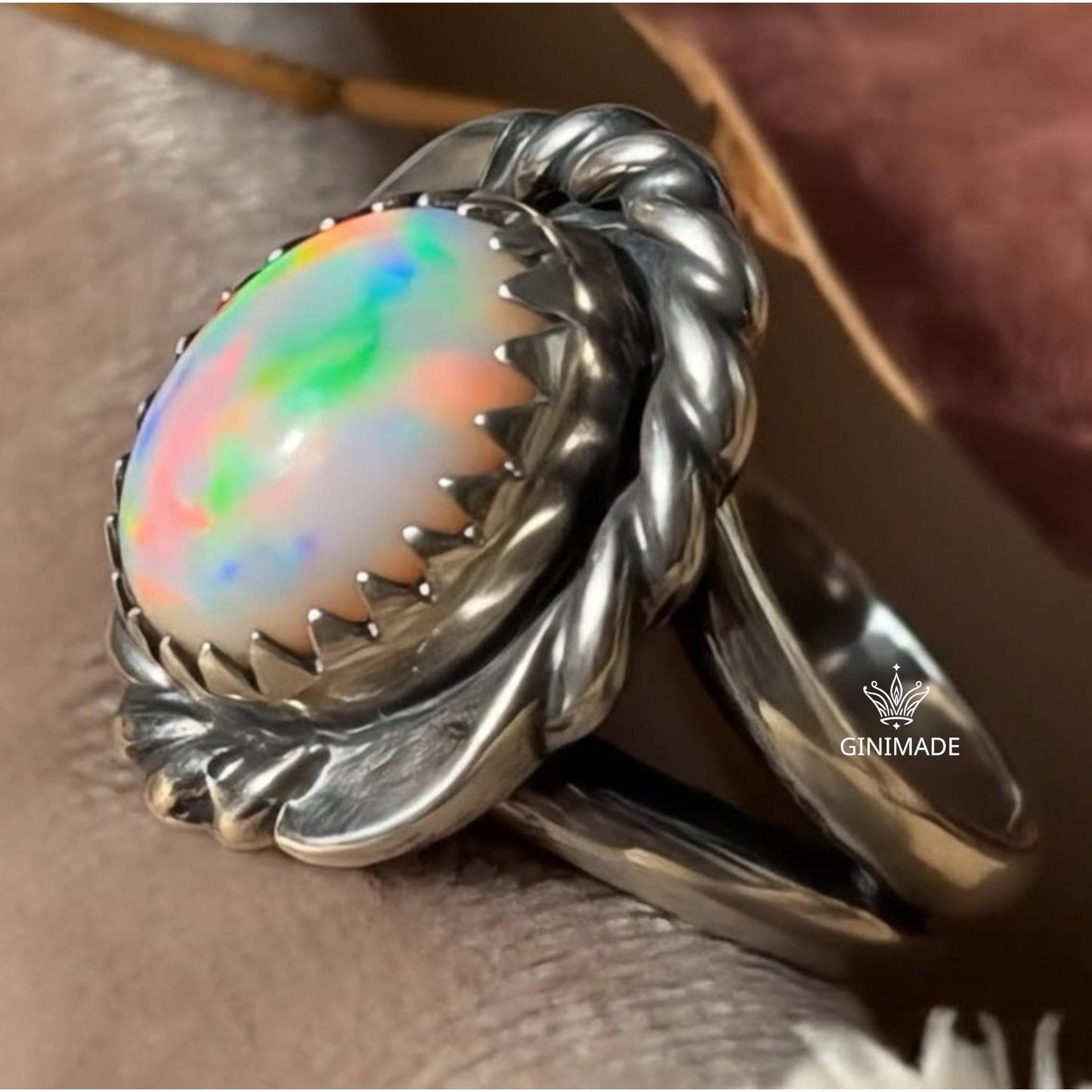 Vintage Fire Opal Ring | Sterling Silver Twisted Rope Design | Oval Rainbow Opal Statement Ring | October Birthstone Jewelry