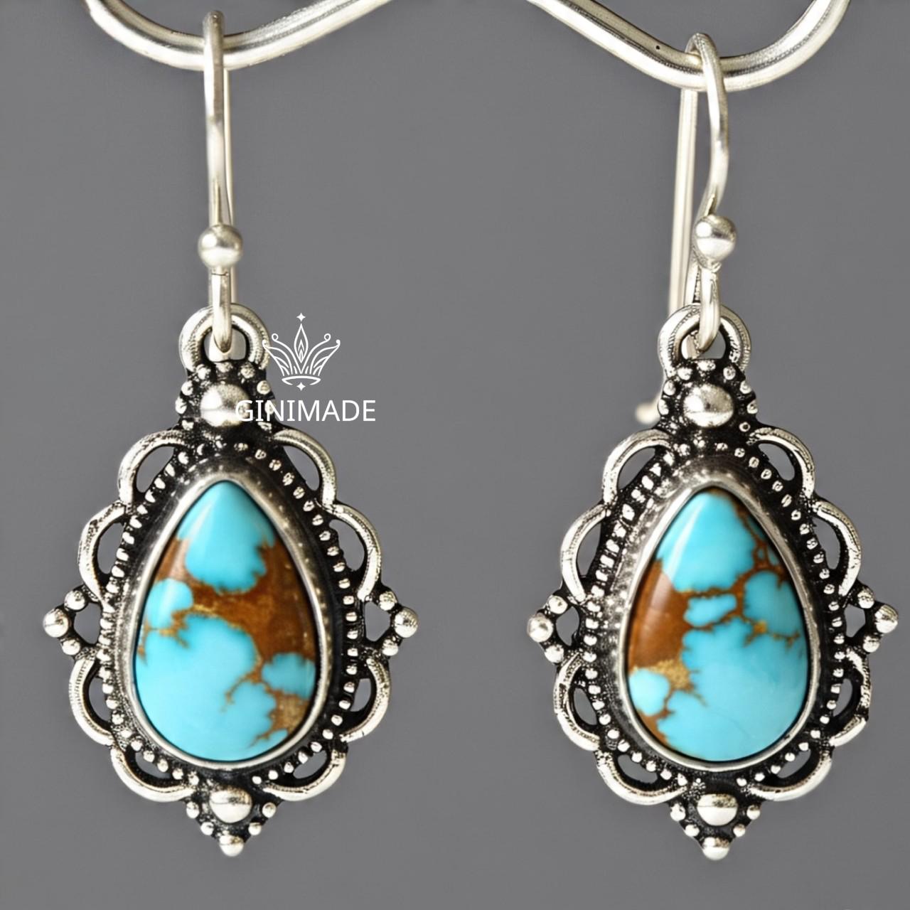 Boho Turquoise Drop Earrings | Handmade Tribal Silver Dangle Earrings | Teardrop Gemstone Oxidized Earrings | Ethnic Indian Jewelry
