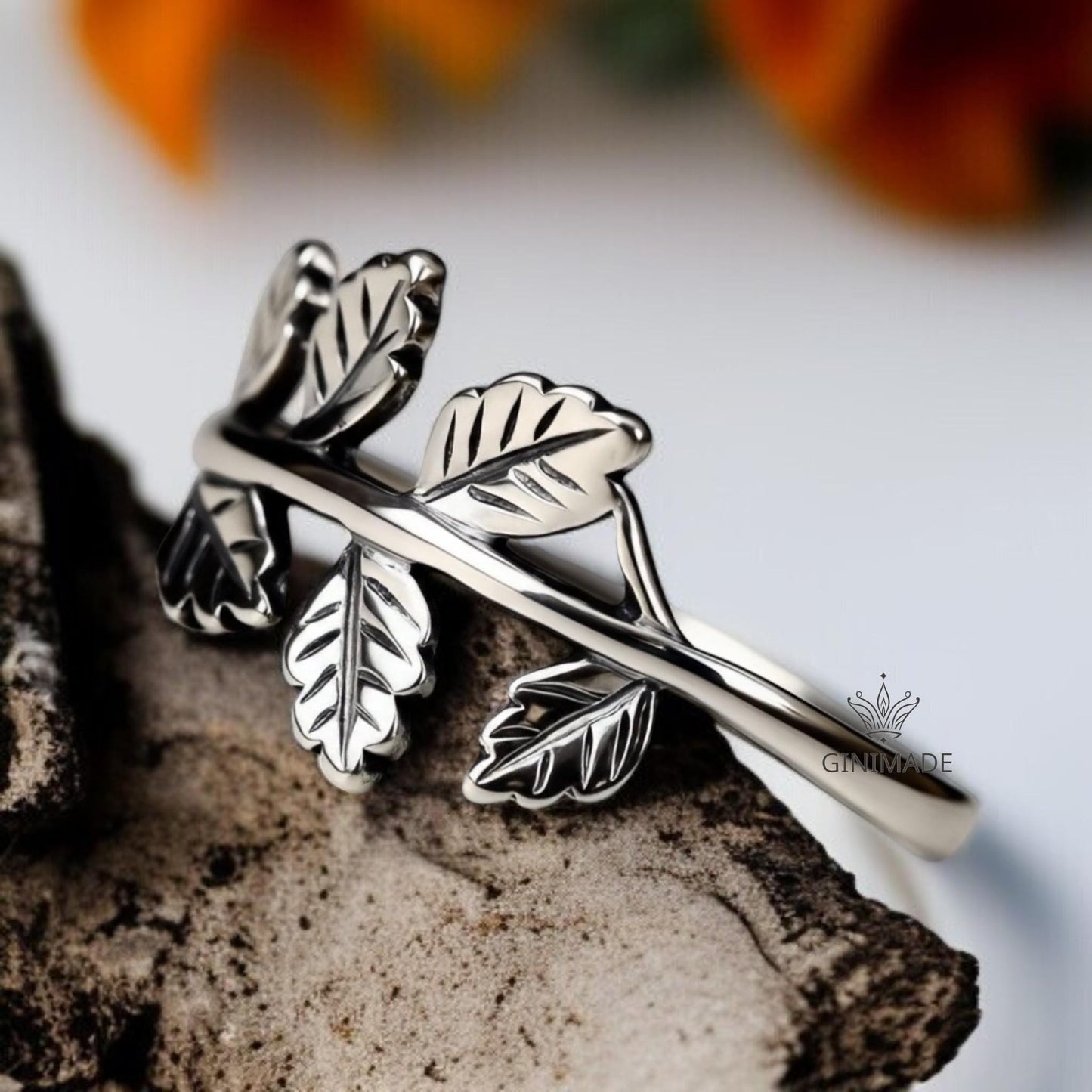 Silver Leaf Branch Ring | Nature Inspired Vine Ring for Women & Men | Botanical Leaf Band | Sterling Silver Look Minimal Ring | Gift Jewelry