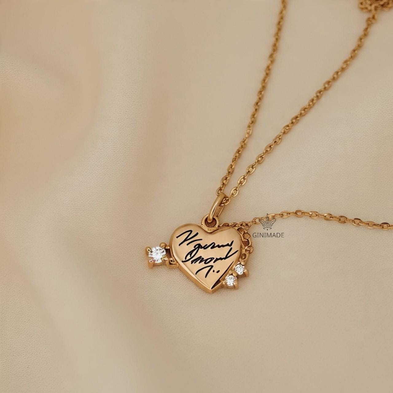 Custom Handwriting Heart Necklace • Memorial Signature Jewelry • Personalized Gold Engraved Necklace • Actual Handwriting Gift for Her