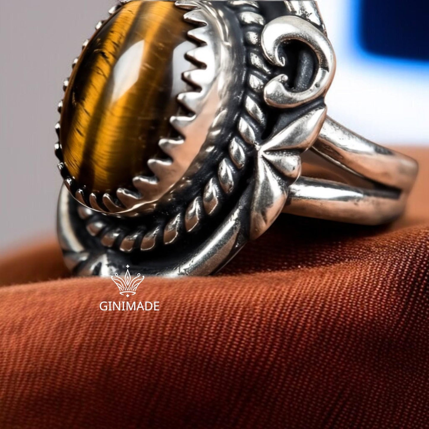 Tiger Eye Statement Ring – Bold Sterling Silver Gemstone Ring – Boho Vintage Tribal Jewelry – Handmade Ginimade Ring