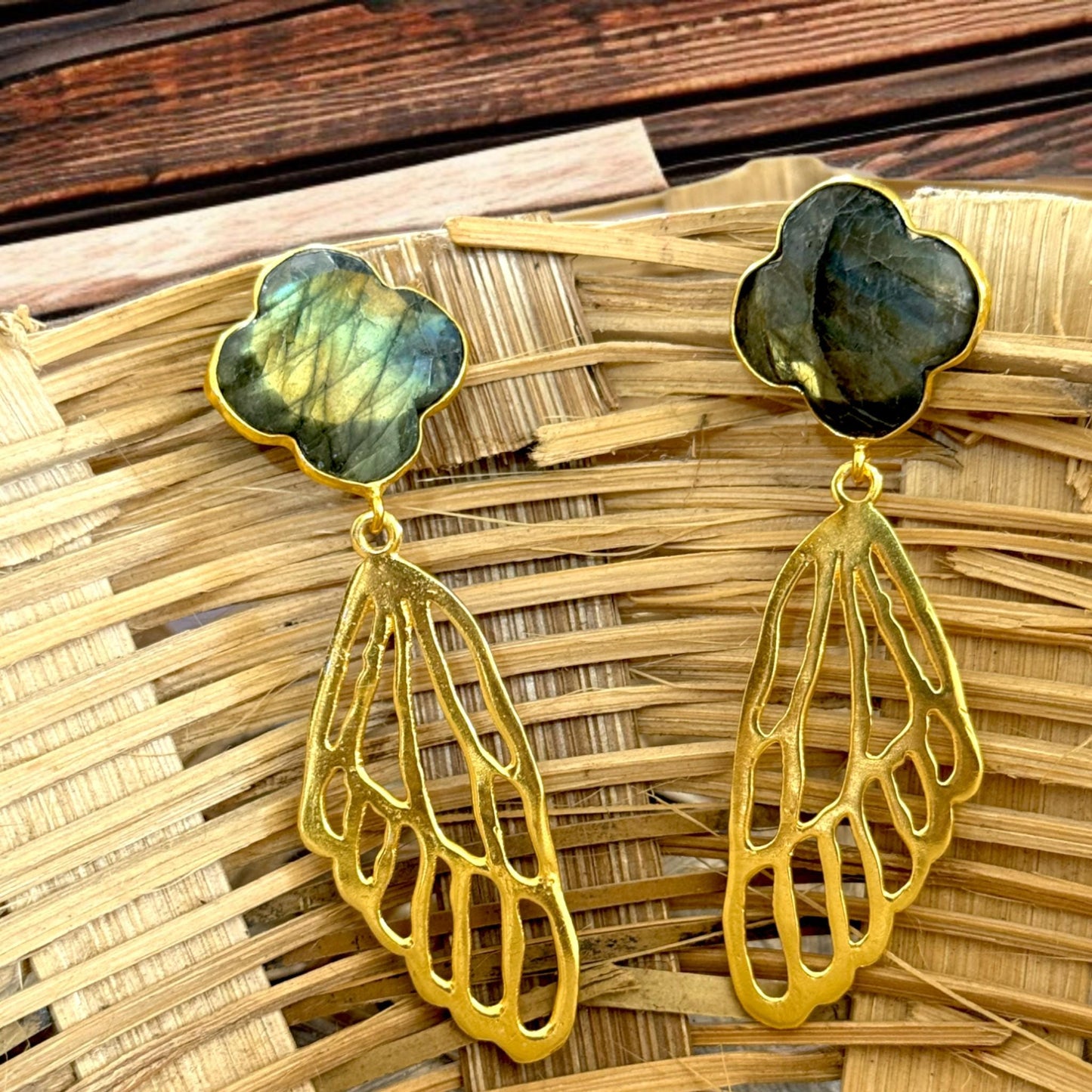 Labradorite Brass Butterfly Wing Earrings – Handmade Gold Plated Statement Dangle Earrings – Nature Inspired Boho Jewelry Gift for Her.