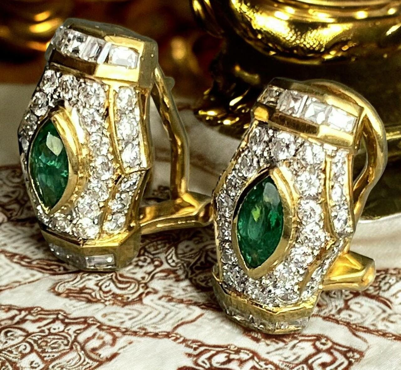 Vintage Emerald and Lab Diamond Earrings | 925 Sterling Silver Gold Plated Jewelry"