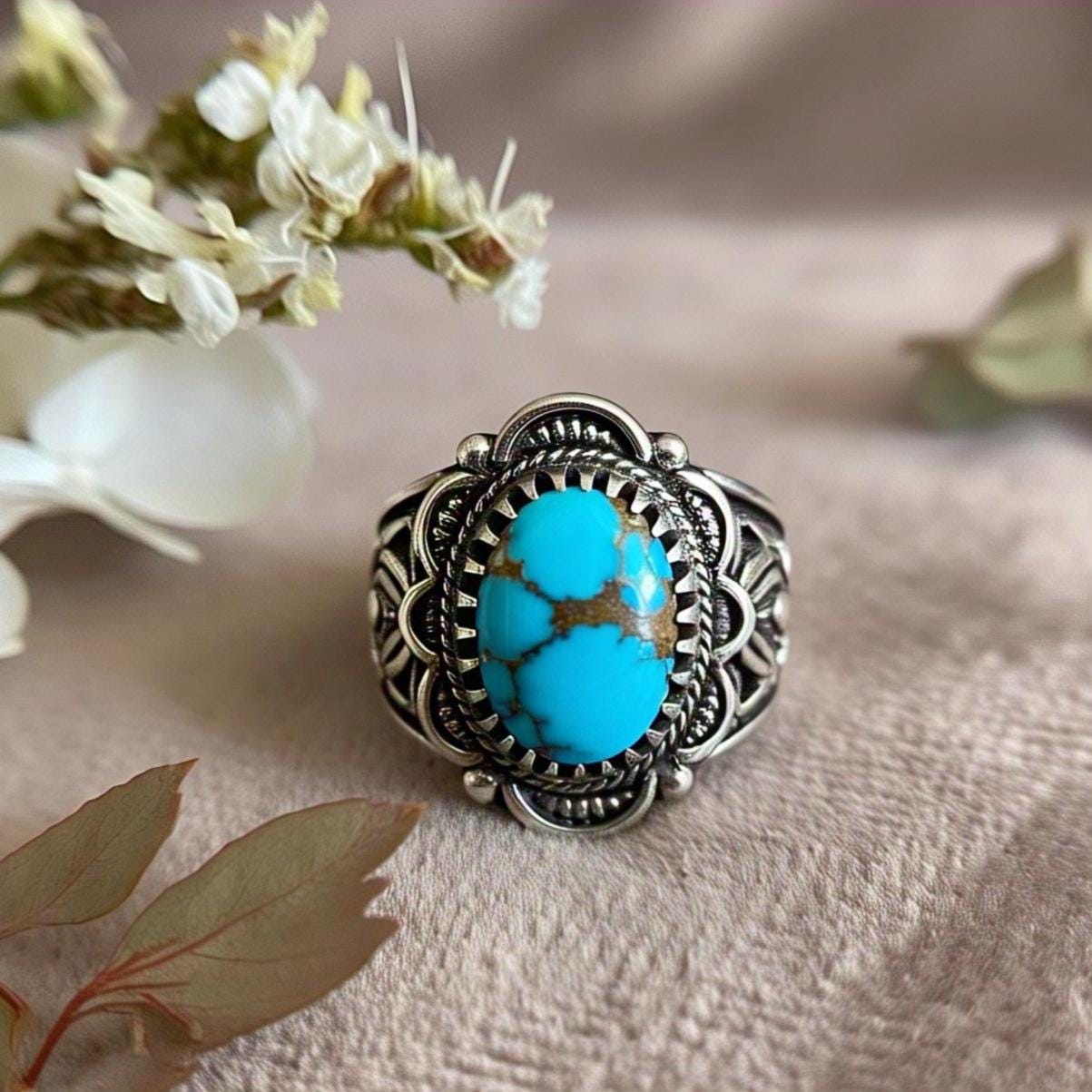 Copper turquoise Rings 925 Sterling Silver – Boho Oval Gemstone Ring with CZ Accents, Vintage Bohemian Jewelry