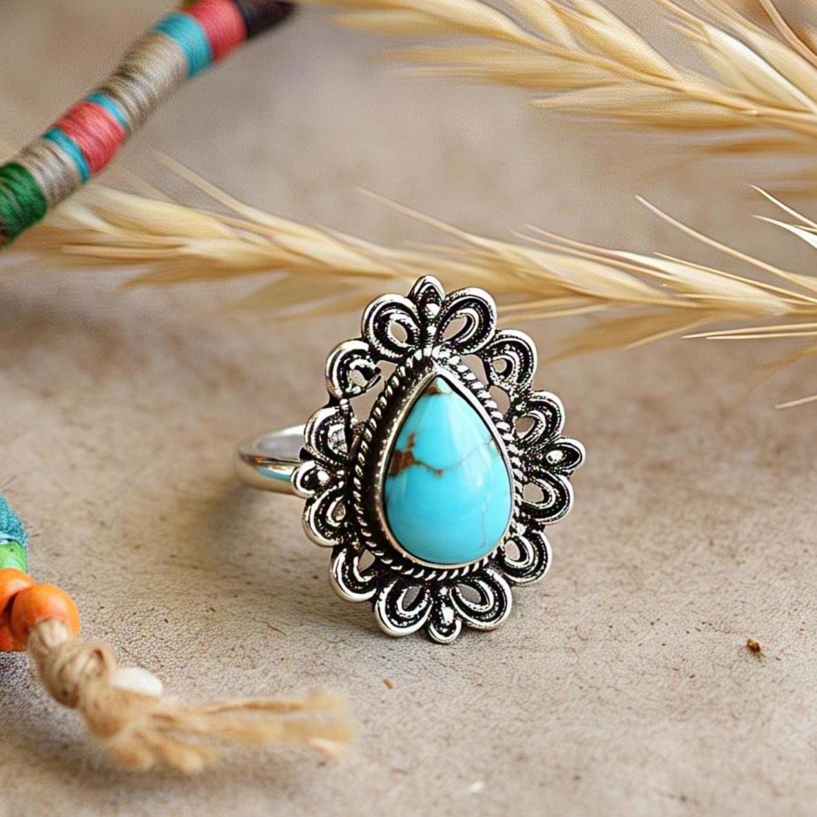 Copper turquoise Rings – Pear Gemstone in 925 Sterling Silver, Boho Natural Vintage-Inspired Bohemian Jewelry, Handmade Gift for Her