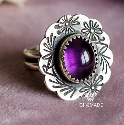 Nature Inspired Amethyst Ring by Ginimade – Bold Floral Gem Jewelry in 925 Silver