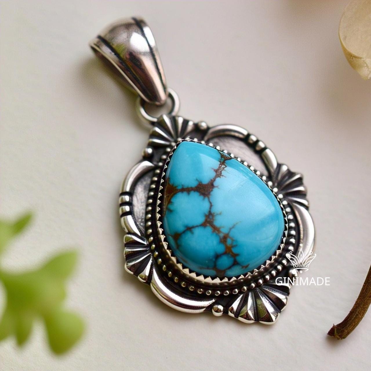 Copper turquoise Pendant Pear – 925 Sterling Silver Boho Necklace, Natural Gemstone Jewelry, Handmade Vintage Gift for Her