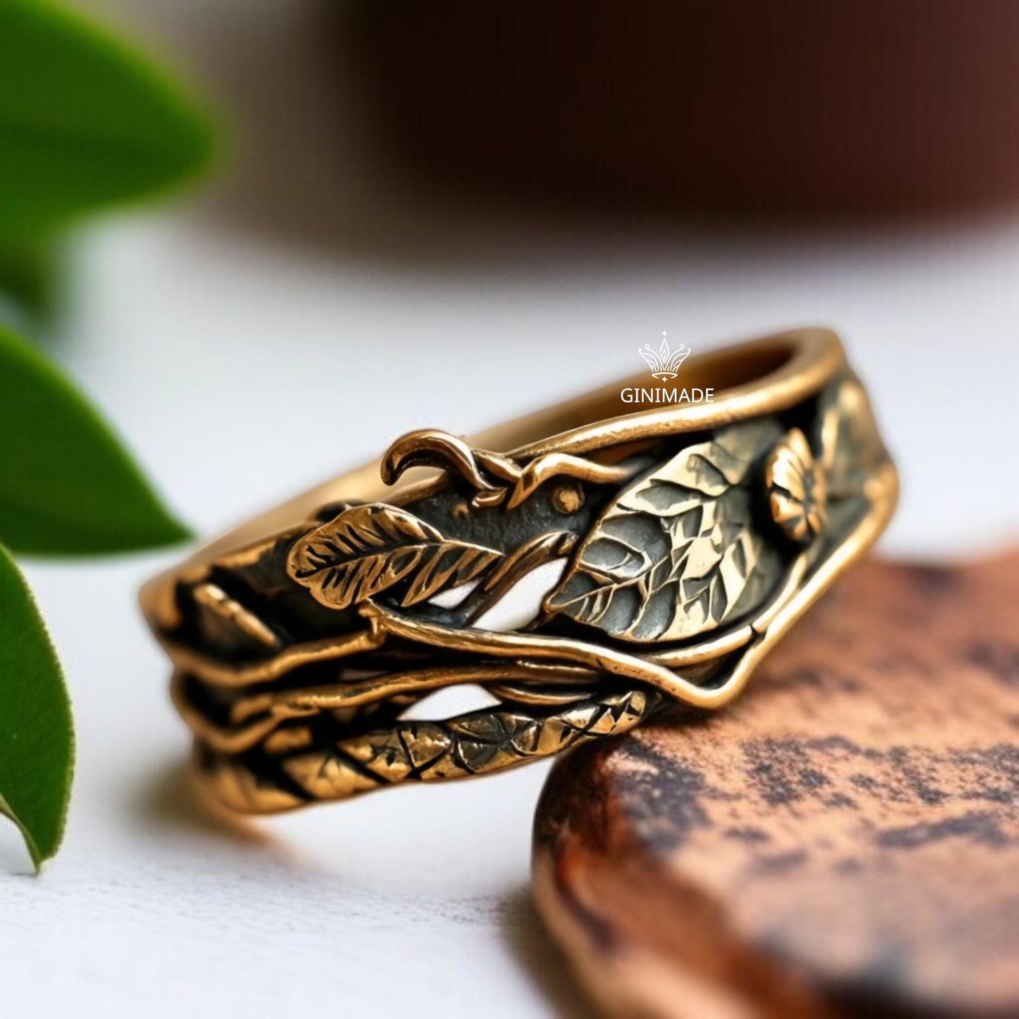 Vintage Nature-Inspired Leaf Branch Ring | Antique Gold Boho Ring for Women | Botanical Forest Band | Handmade Woodland Jewelry Gift