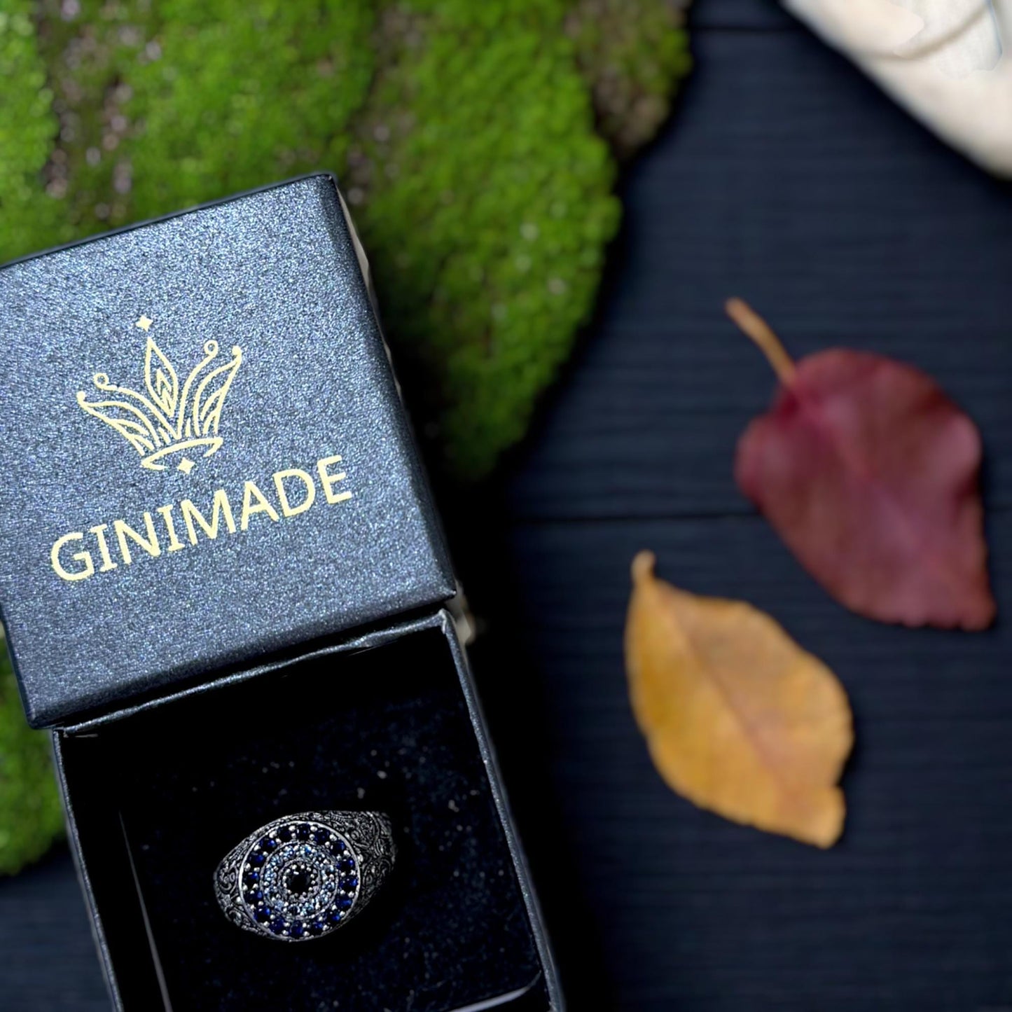 Boho Vintage-Inspired Men's Silver Ring – Ornate Signet with Blue & White CZ, A Timeless Piece Echoing Ancient Craft.