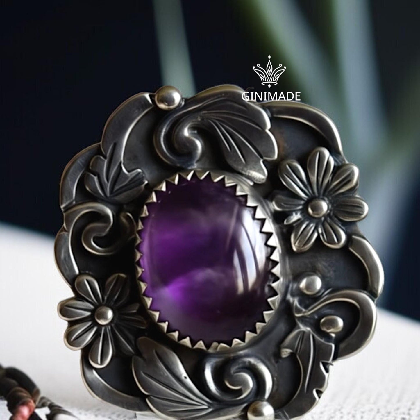 Bold Amethyst Ring – Bohemian Nature-Inspired Silver Jewelry – Floral Leaf Design