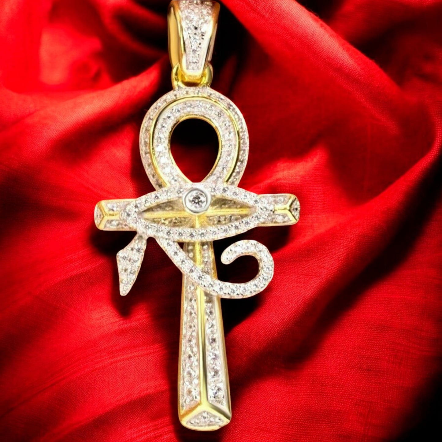 Egyptian Ankh & Eye of Horus Cross Pendant – 14K Gold Plated Silver with CZ Diamond