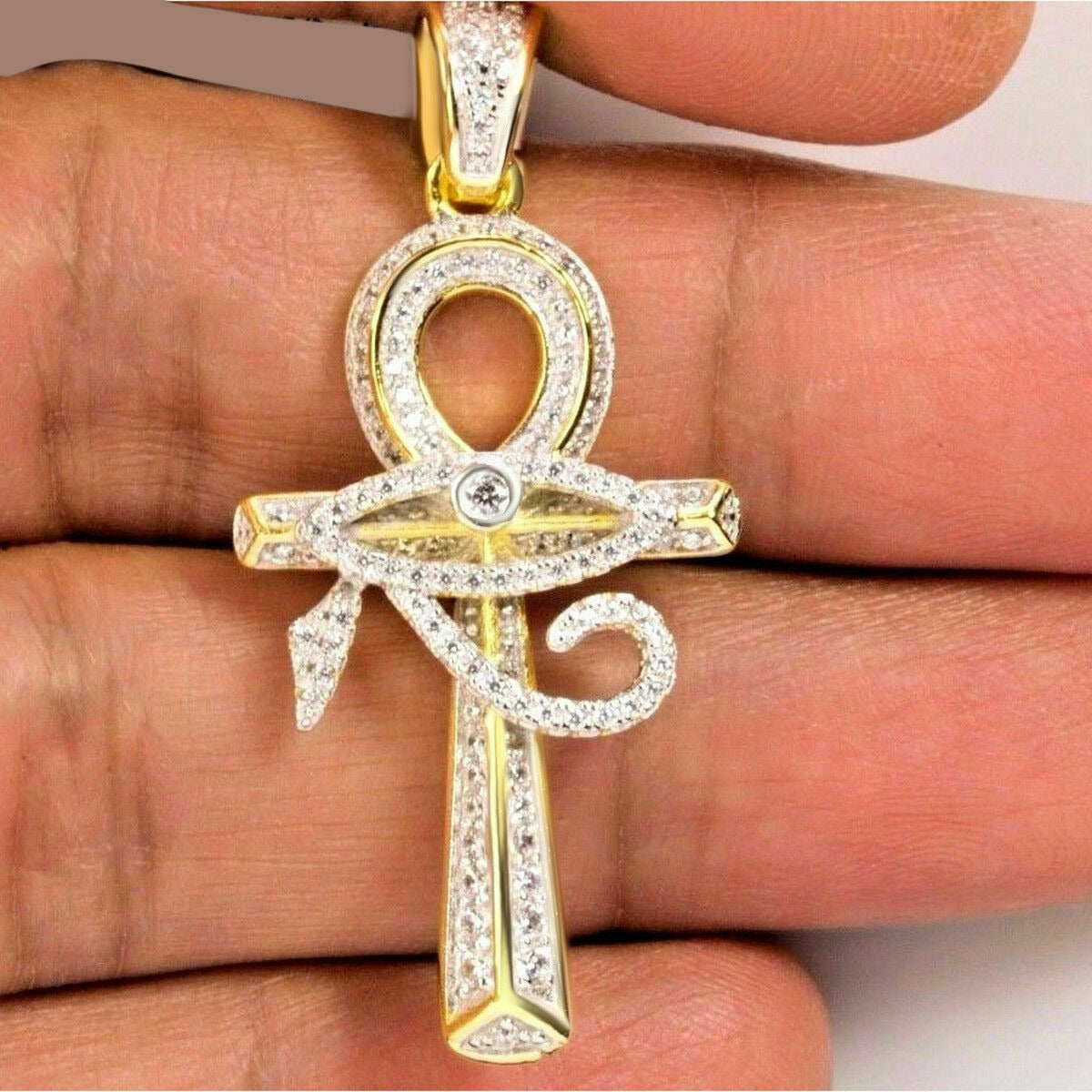 Egyptian Ankh & Eye of Horus Cross Pendant – 14K Gold Plated Silver with CZ Diamond