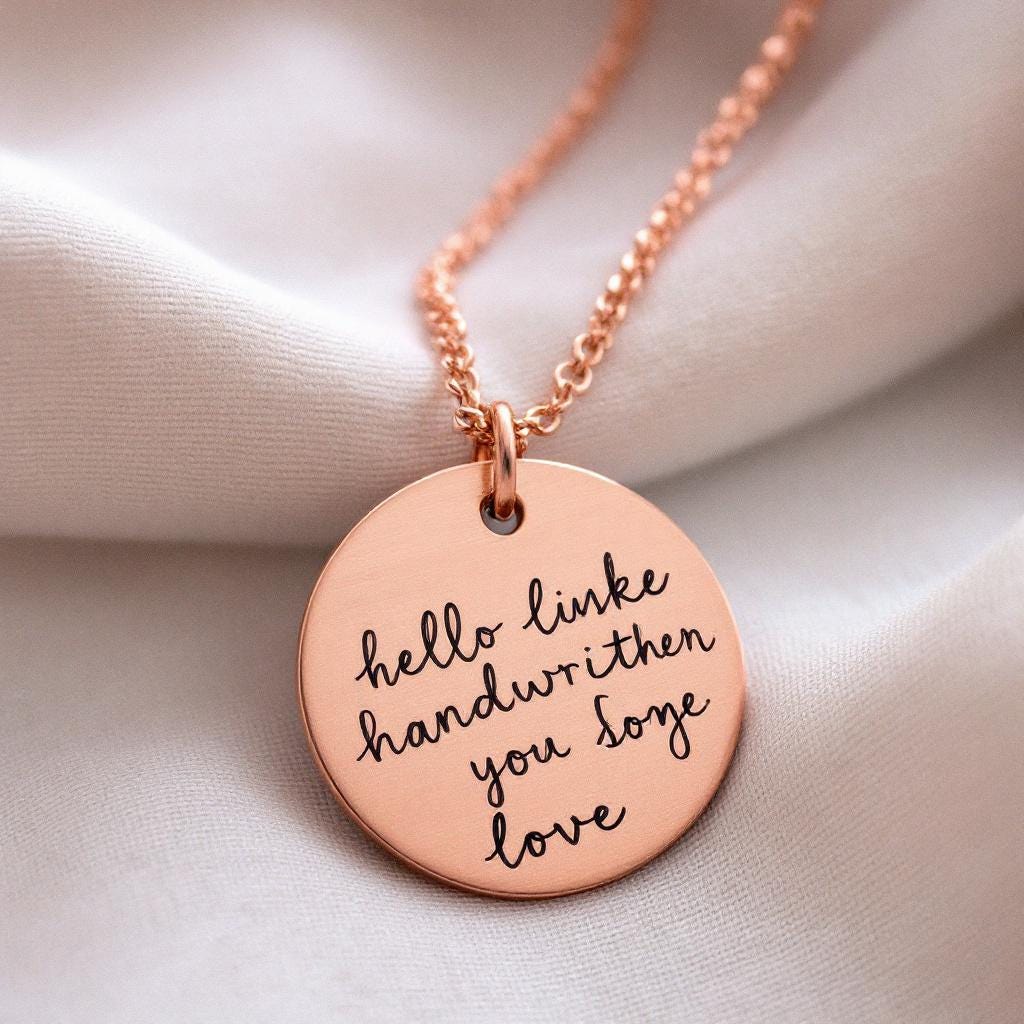 Custom Handwriting Disc Necklace • Memorial Signature Jewelry • Personalized Gold Engraved Necklace • Actual Handwriting Gift for Her