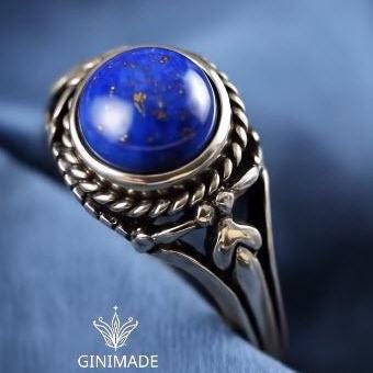 Vintage Boho Lapis Ring – Handmade Natural Blue Gemstone in 925 Silver – Unique Statement Gift