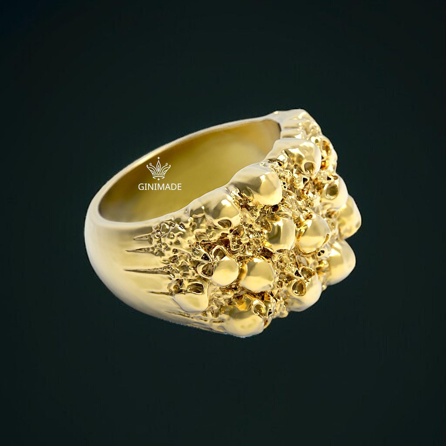 Gold Nugget Skull Ring – Men's Bold Gothic Statement Ring – 18K Gold Plated Nugget Texture with Skulls – Biker Punk Jewelry by Ginimade