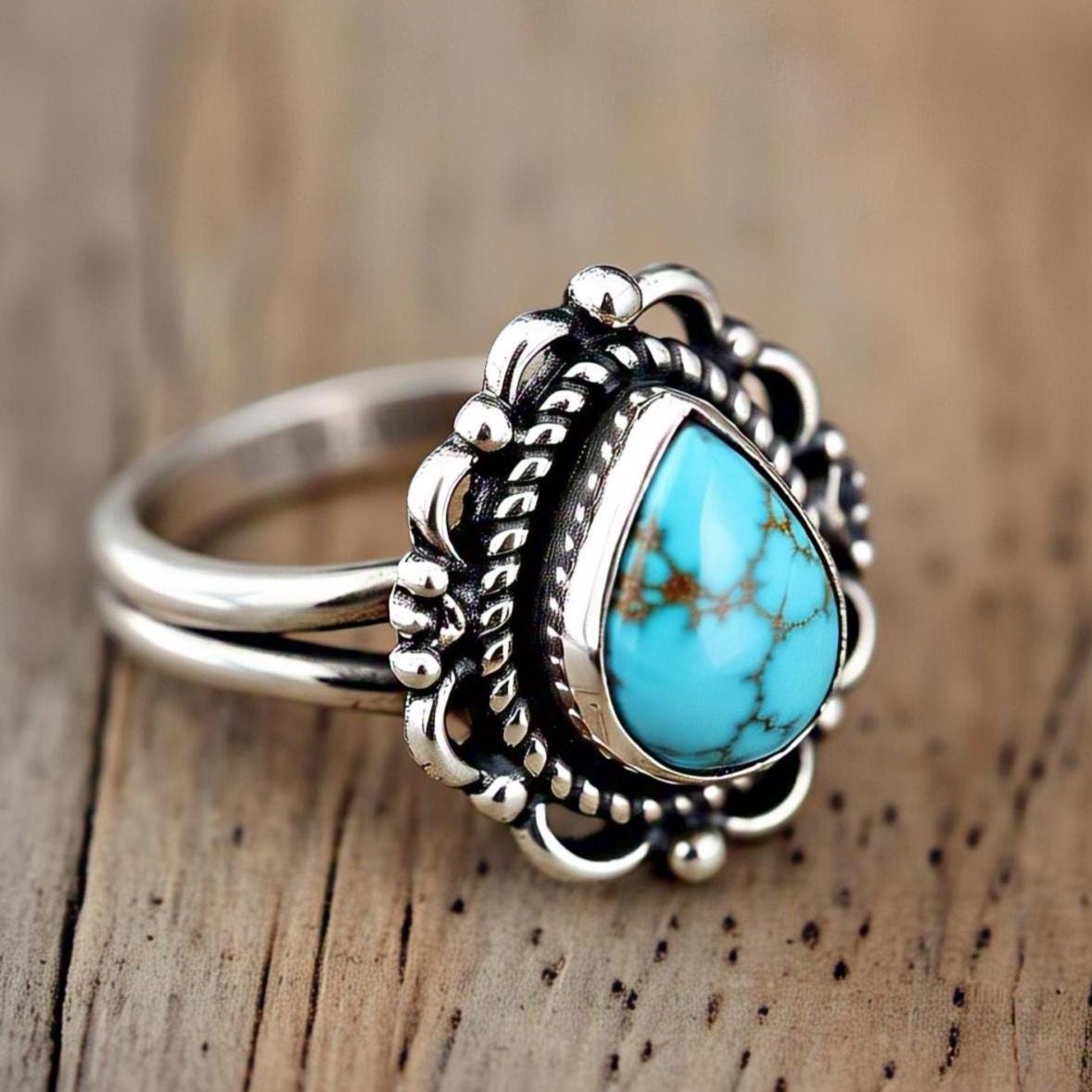 Copper turquoise Rings – Pear Gemstone in 925 Sterling Silver, Boho Natural Vintage-Inspired Bohemian Jewelry, Handmade Gift for Her