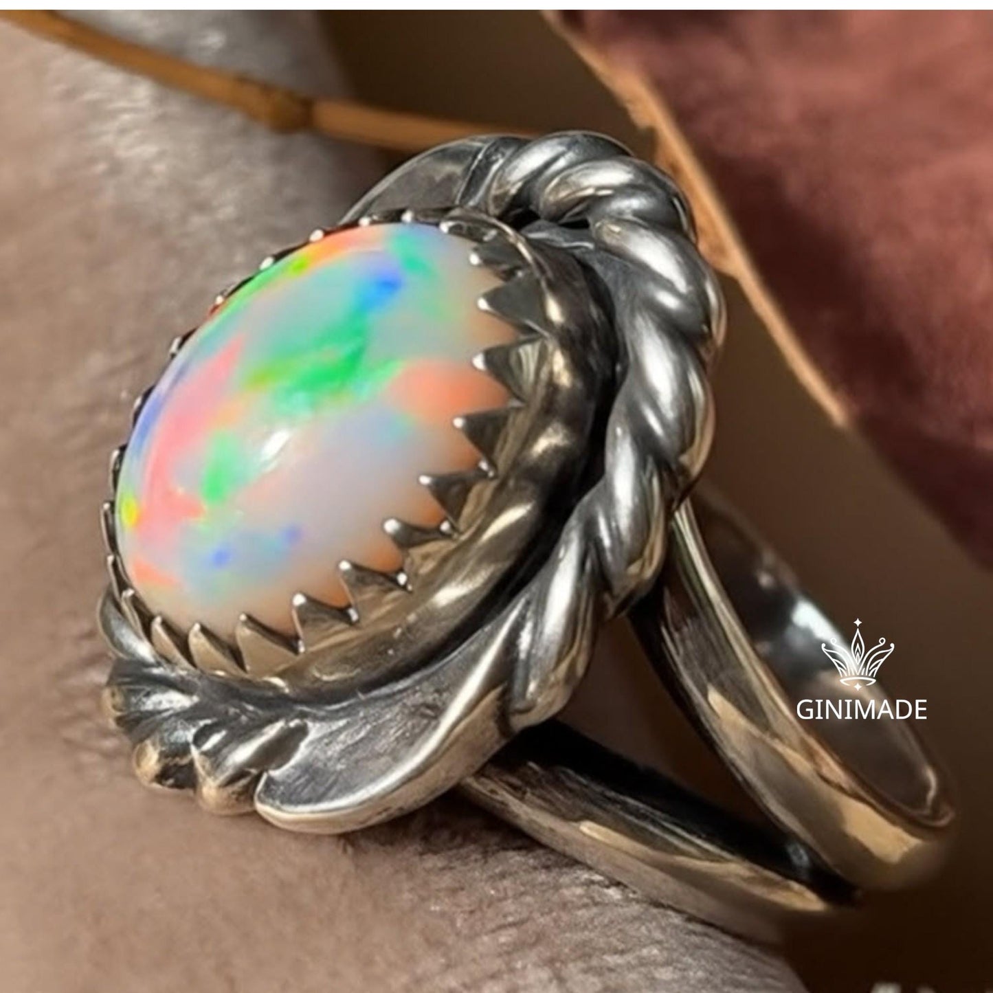 Vintage Fire Opal Ring | Sterling Silver Twisted Rope Design | Oval Rainbow Opal Statement Ring | October Birthstone Jewelry