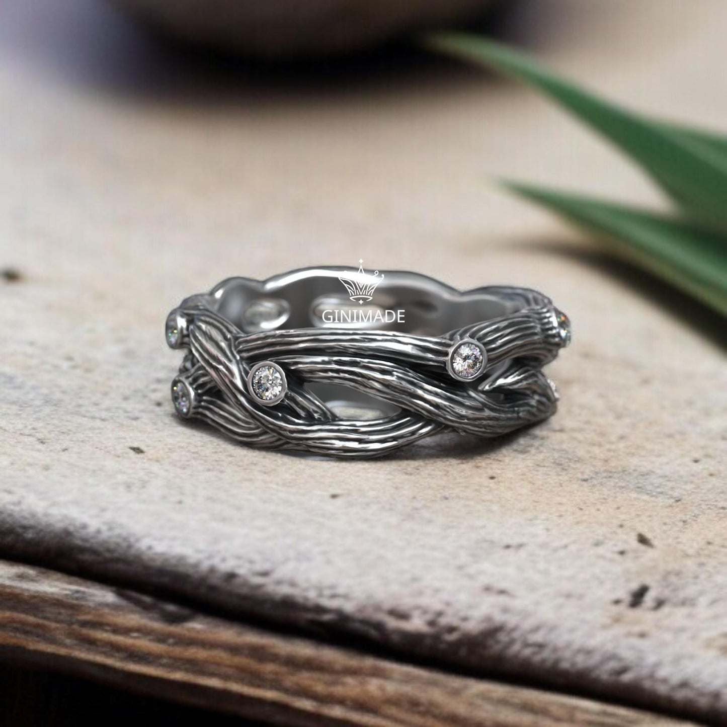 Boho Nature-Inspired Branch Ring – Sterling Silver Tree Bark Band with Diamonds – Organic Woodland Engagement or Promise Ring