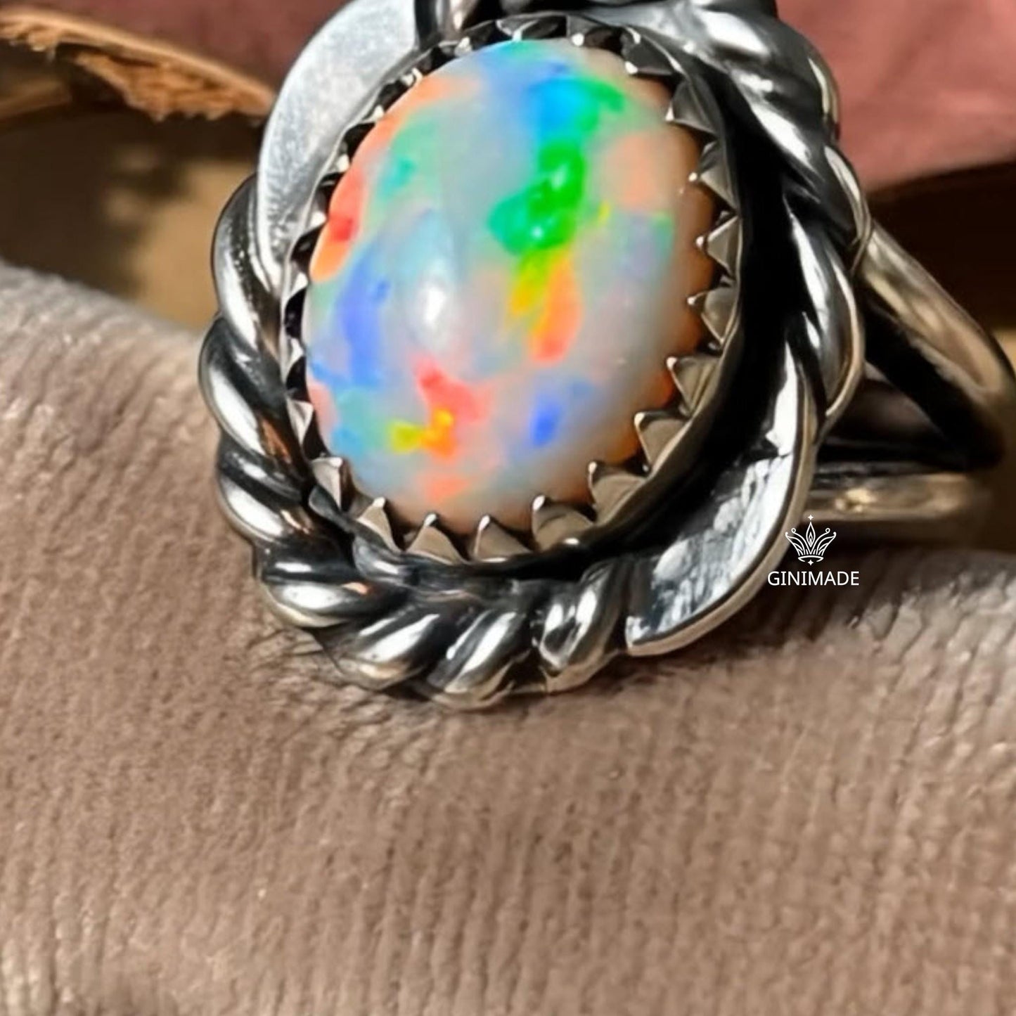 Vintage Fire Opal Ring | Sterling Silver Twisted Rope Design | Oval Rainbow Opal Statement Ring | October Birthstone Jewelry
