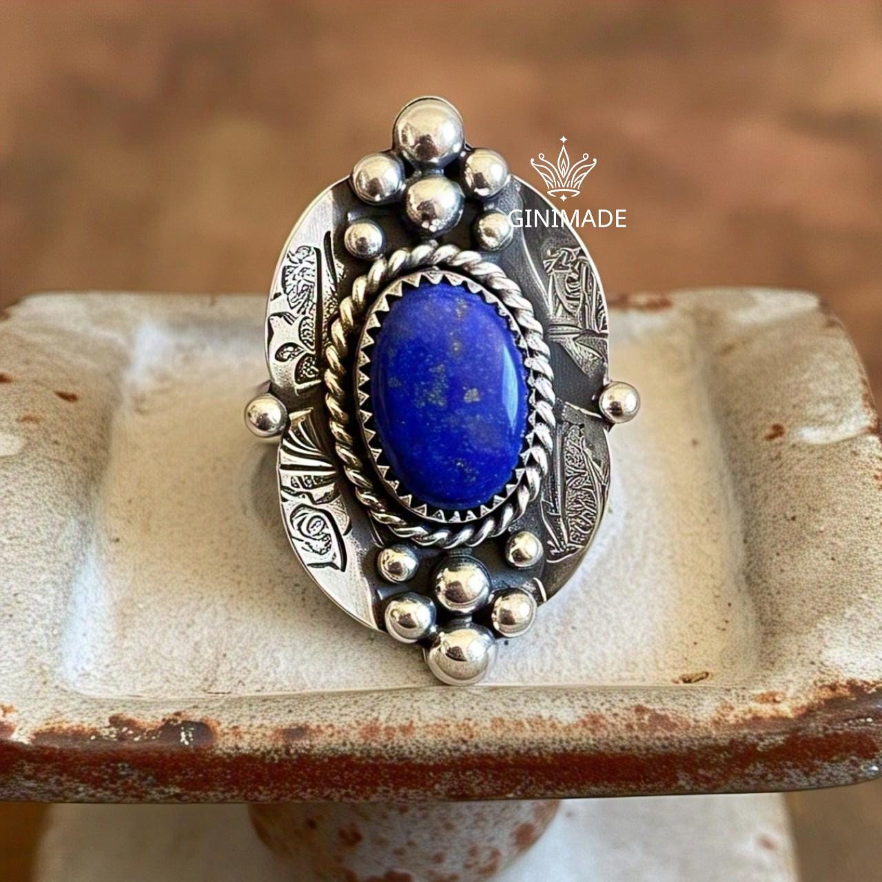 Handmade 925 Sterling Silver Lapis Lazuli Ring | Boho Vintage Statement Gemstone Jewelry | Blue Stone Tribal Ring