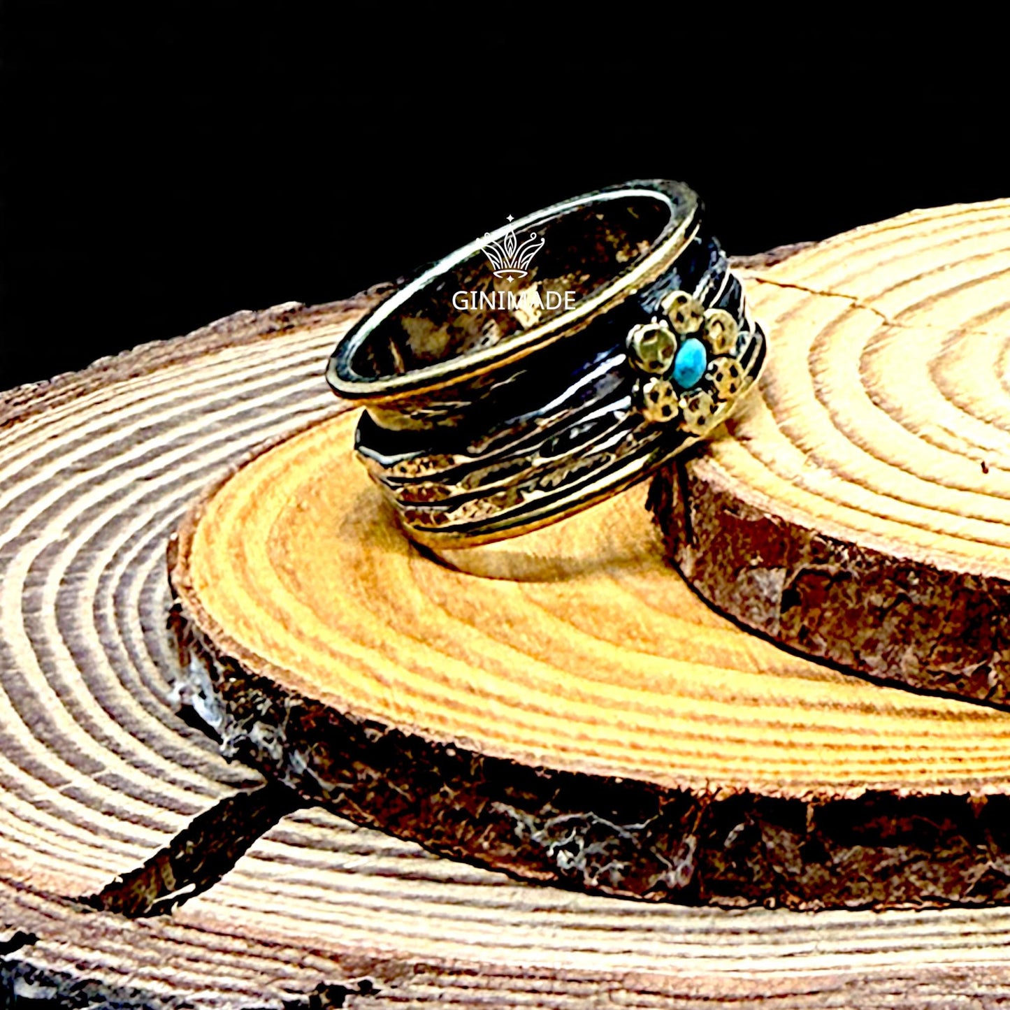 Sterling Silver & Brass Spinner Ring with Turquoise Stone