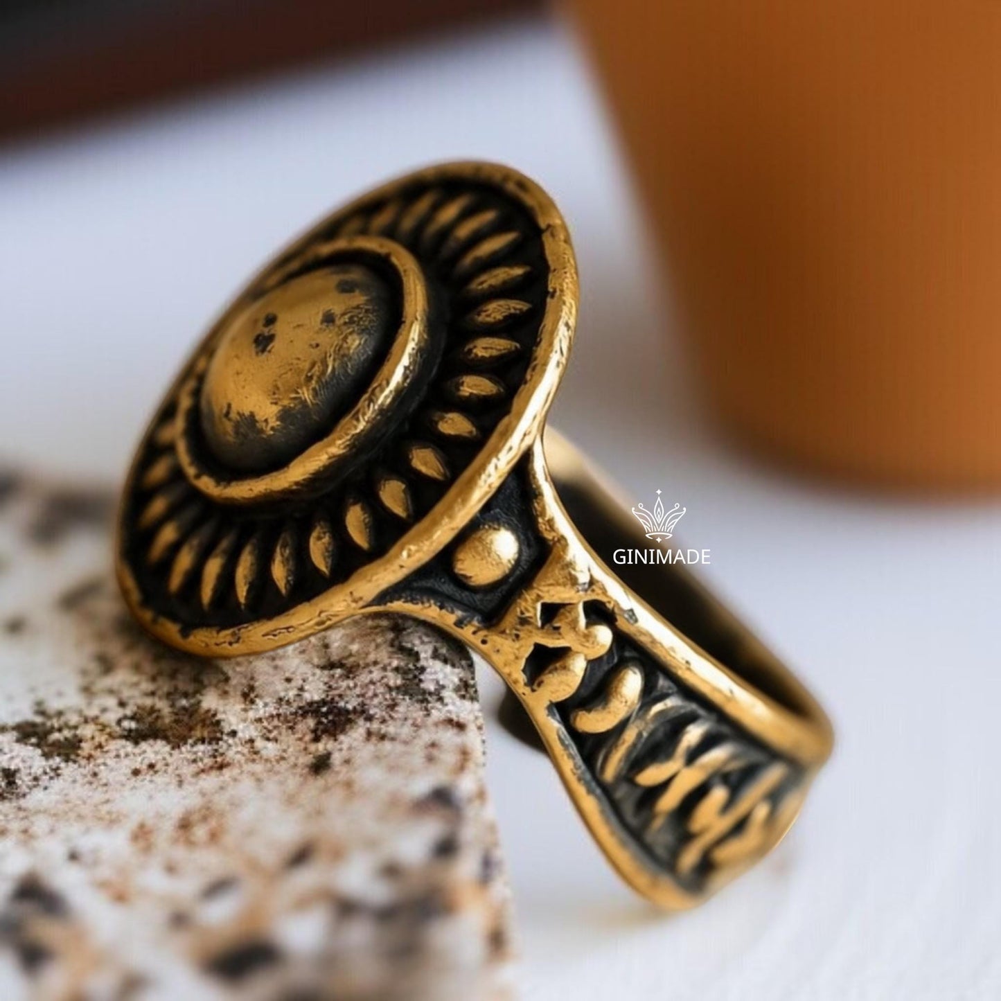 Vintage Tribal Brass Ring – Handmade Ethnic Boho Statement Ring – Bold Round Adjustable Ring for Women – Antique Jewelry by Ginimade