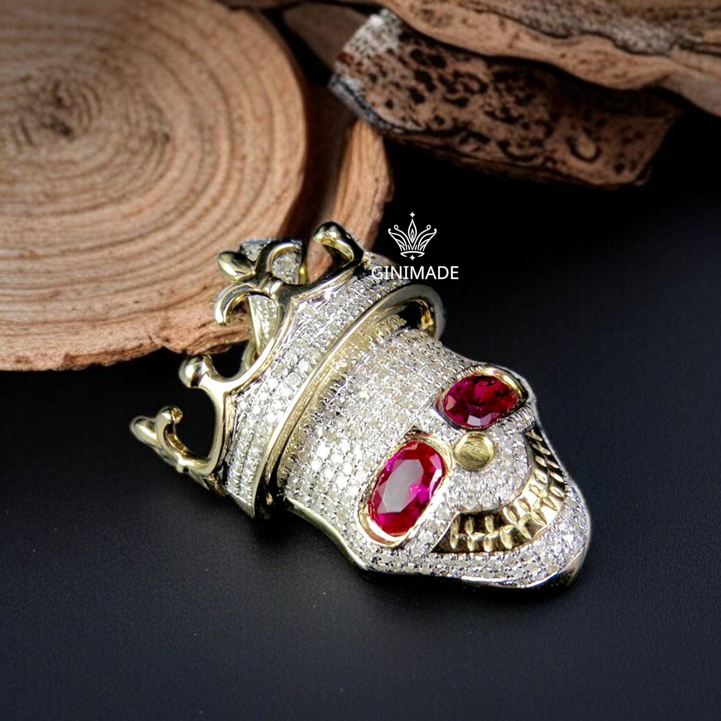 Crowned Skull Pendant with Ruby Eyes – Iced Out Hip Hop Jewelry for Men, Statement Bling Pendant by GINIMADE