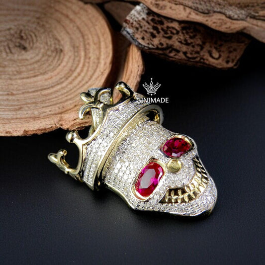 Crowned Skull Pendant with Ruby Eyes – Iced Out Hip Hop Jewelry for Men, Statement Bling Pendant by GINIMADE