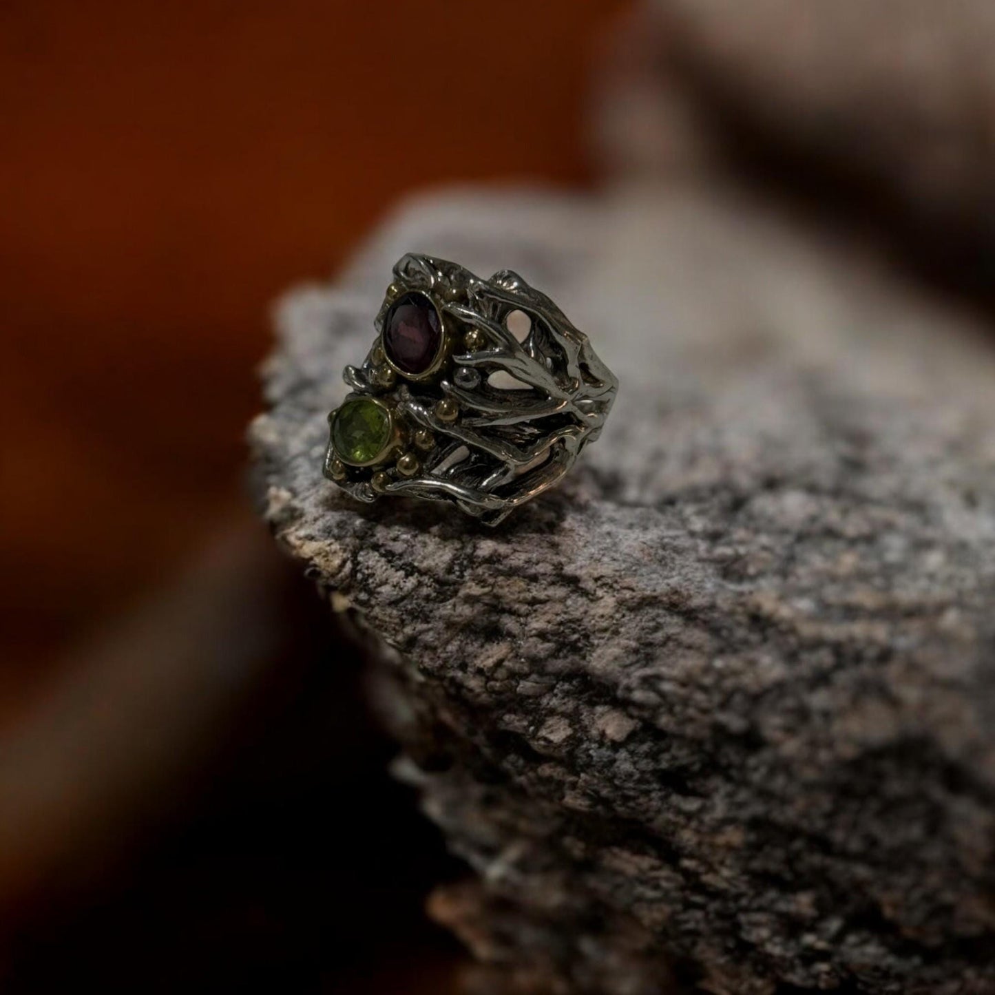 Handmade 925 Sterling Silver Statement Ring with Natural Peridot & Garnet | Artisan Textured Gemstone Ring | Unique Boho Jewelry for Her.