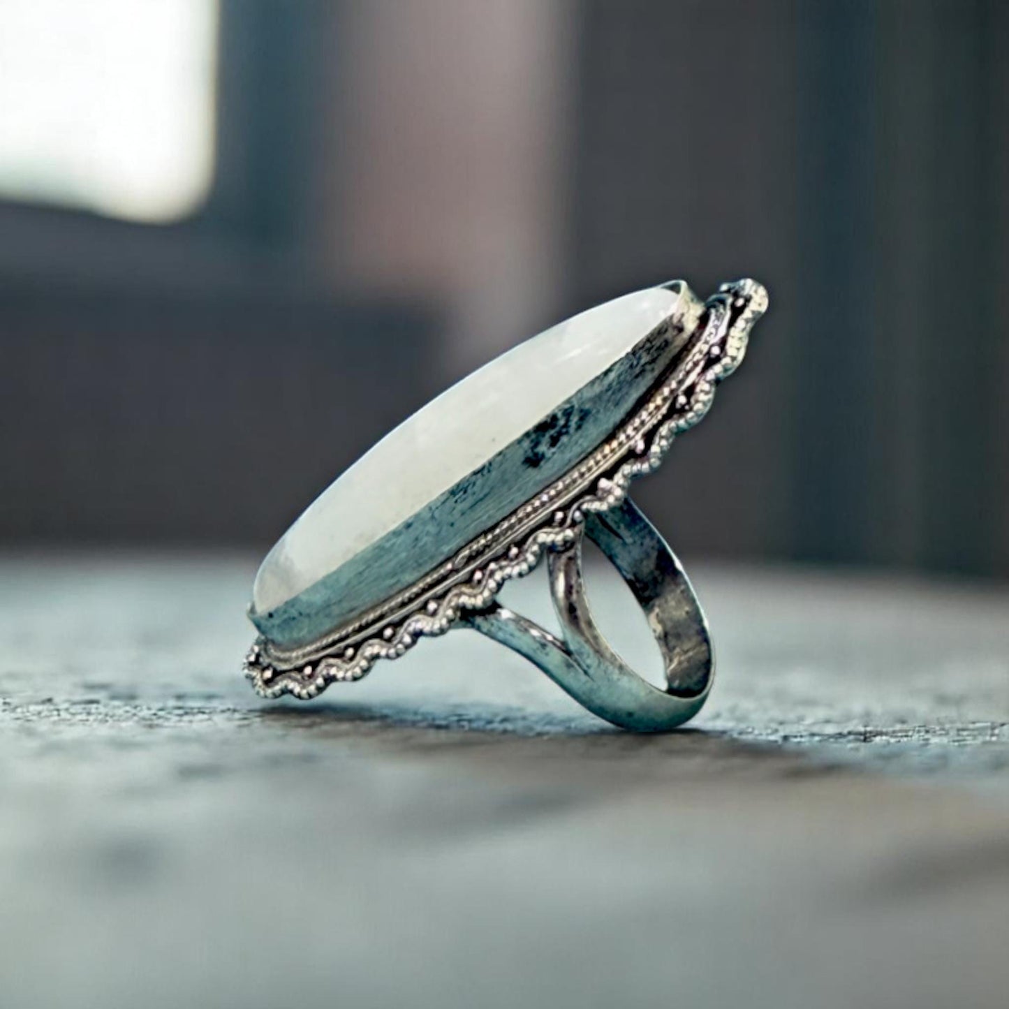 Boho 925 Sterling Silver Moonstone Ring | Long Oval Statement Ring | Handmade Vintage Style Rainbow Moonstone Jewelry for Her