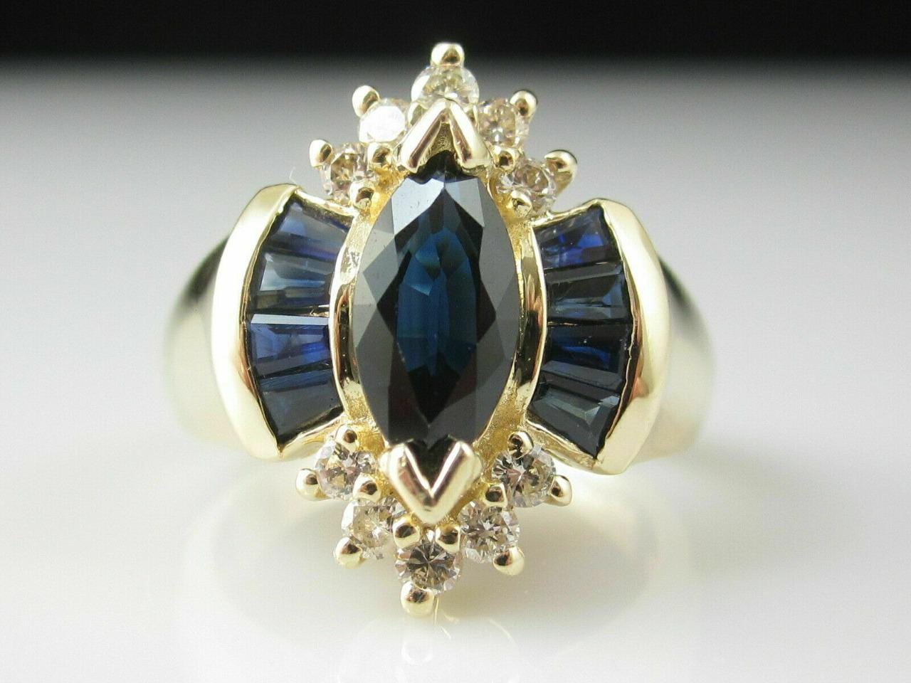 Vintage Simulated Marquise Blue Sapphire with CZ Diamond Ring in 18K Yellow Gold Plated 925 Silver