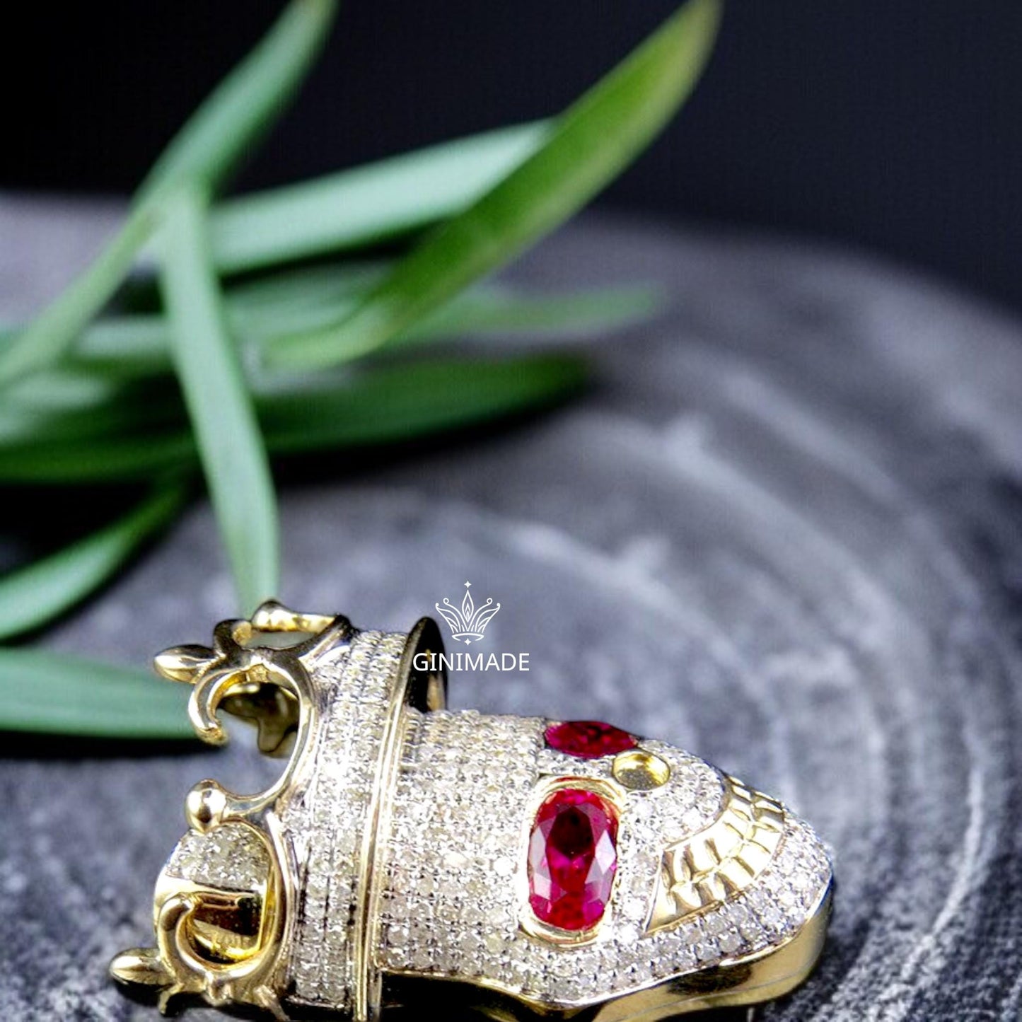 Crowned Skull Pendant with Ruby Eyes – Iced Out Hip Hop Jewelry for Men, Statement Bling Pendant by GINIMADE