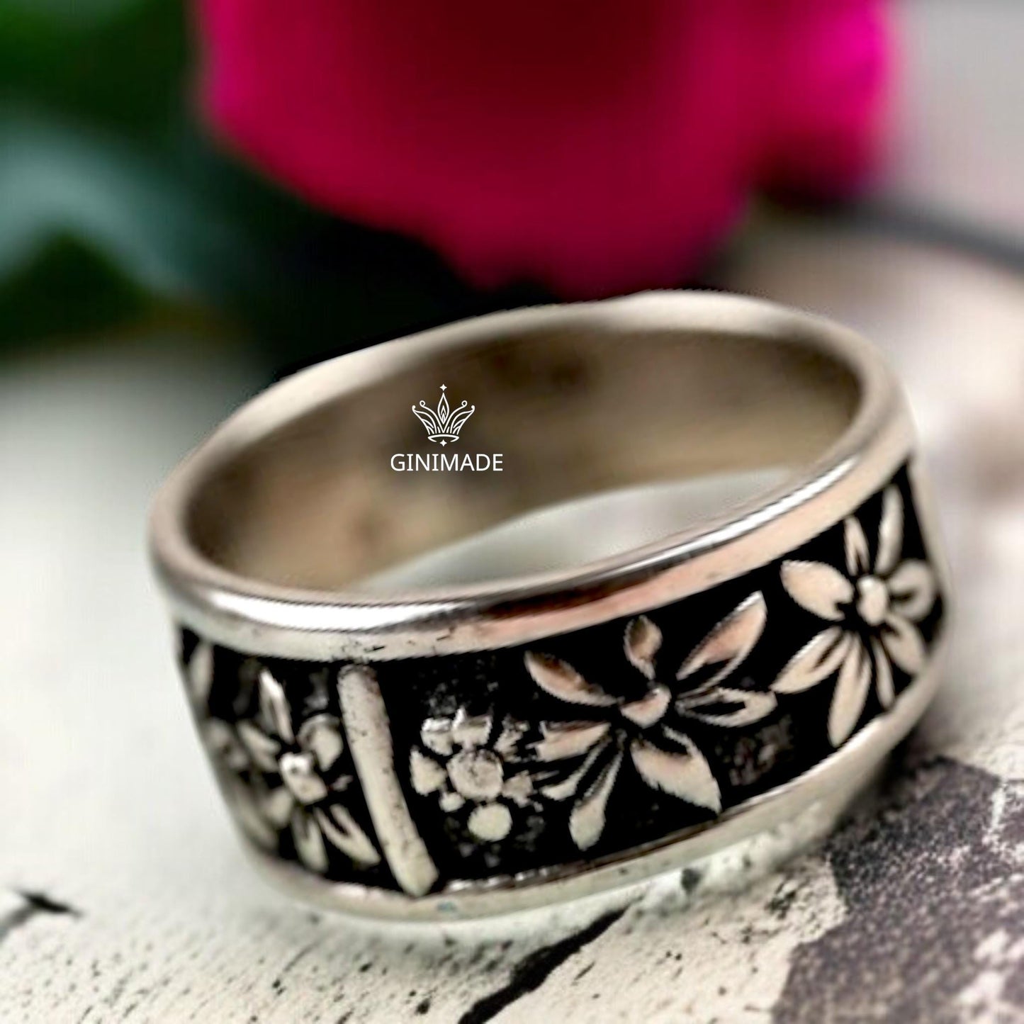 Wide Floral Band Ring – Oxidized 925 Sterling Silver Statement Ring – Handmade Boho Flower Ring – Vintage Botanical Jewelry by Ginimade