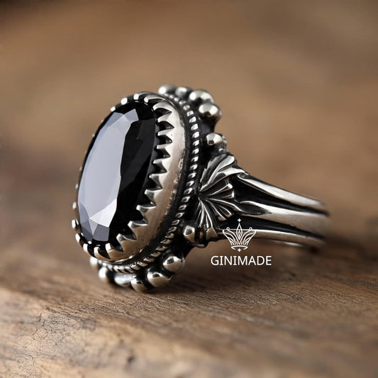 Black Onyx Ring 925 Sterling Silver • Vintage Boho  Ring • Gothic Oval Gemstone Jewelry • Handmade Oxidized Silver Ring for Women & Men.