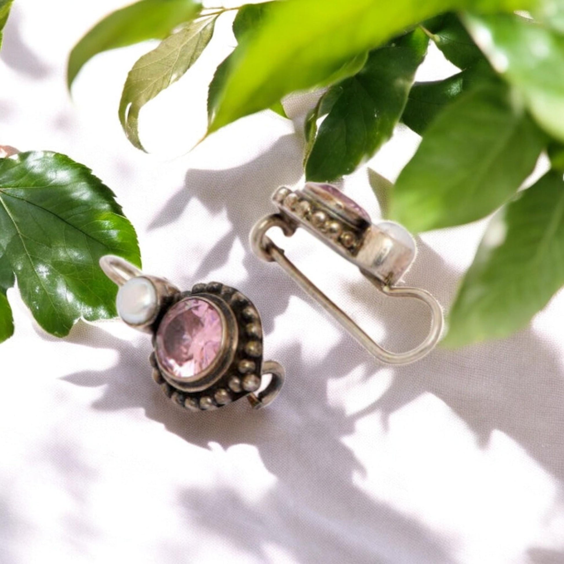 Unique handmade oxidized pearl earrings with pink CZ accents, crafted in 925 sterling silver for a timeless look.&quot;