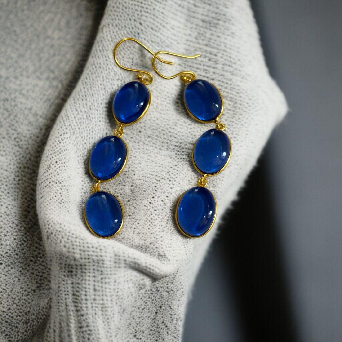 Handmade Boho Chic Gold Dangle Earrings – Triple Blue Oval Gemstone Statement Drop Earrings for Women.