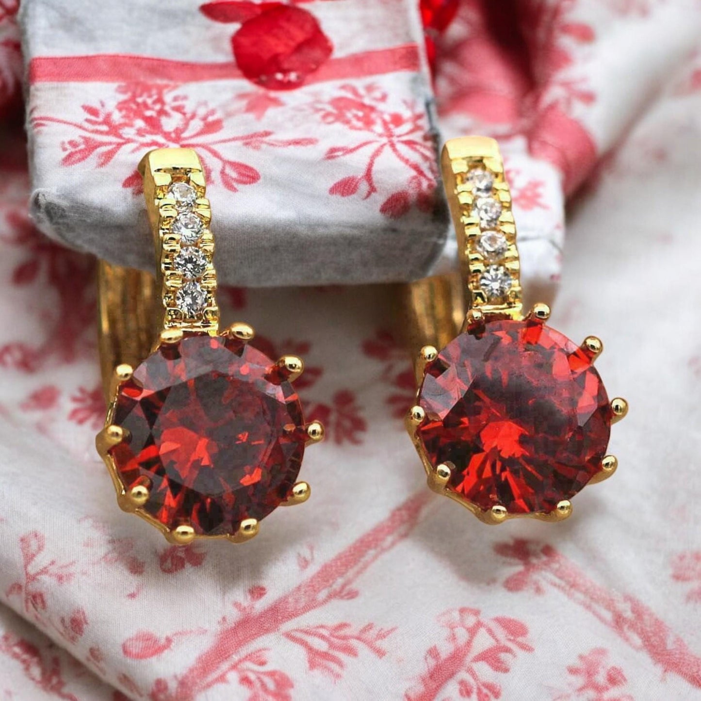 Elegant Women's Hoop Earrings with Dark Red & White CZ Crystals | 925 Sterling Silver, 18ct Gold Filled | Valentine's Day Gift for her.