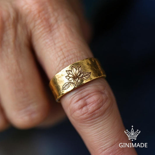 Custom Birth Flower Engraved Ring • Personalized Gold 8mm Wide Band Ring • Floral Birth Month Ring for Men and Women • Handmade Jewelry.