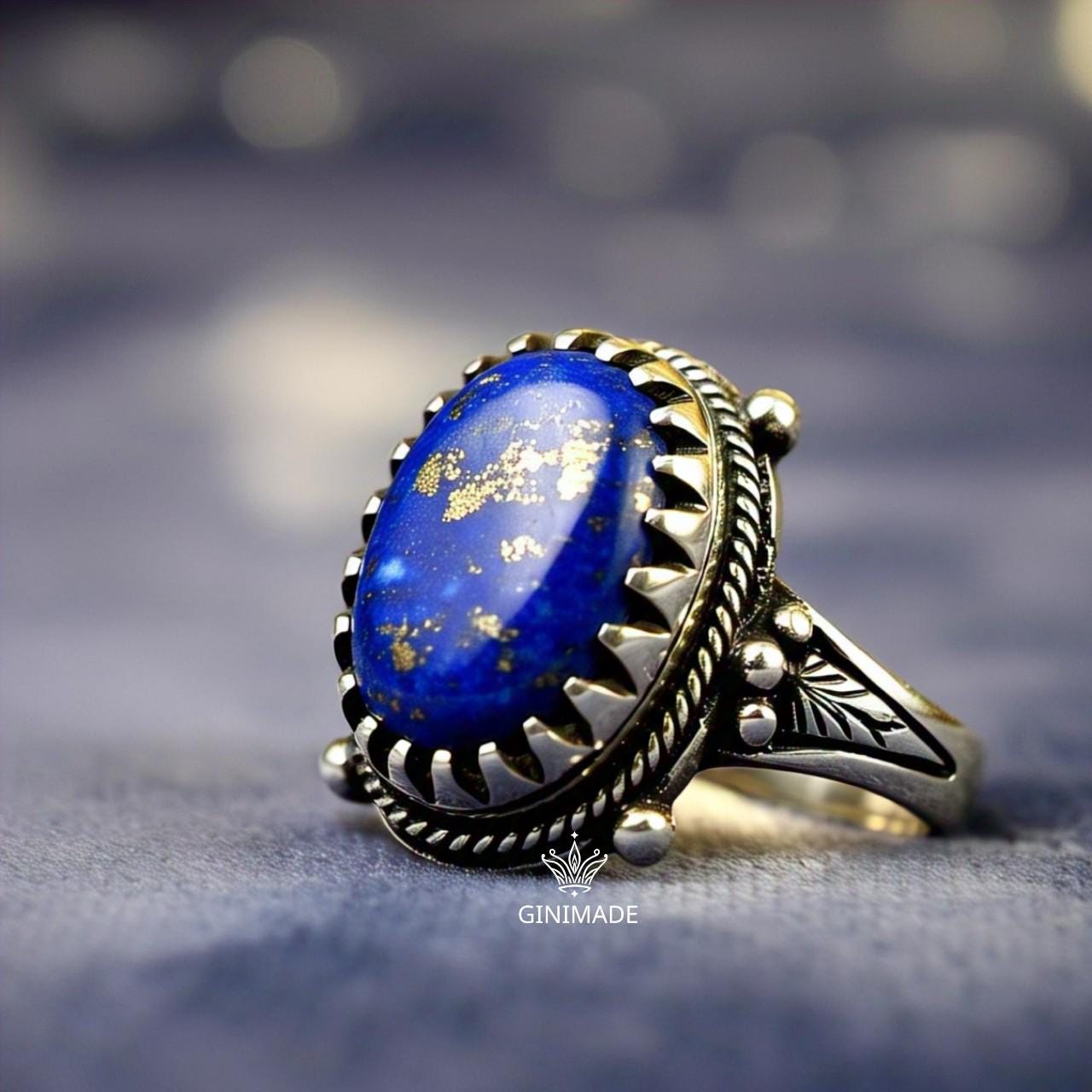 Handmade 925 Sterling Silver Lapis Lazuli Ring | Boho Vintage Statement Gemstone Jewelry | Blue Stone Tribal Ring