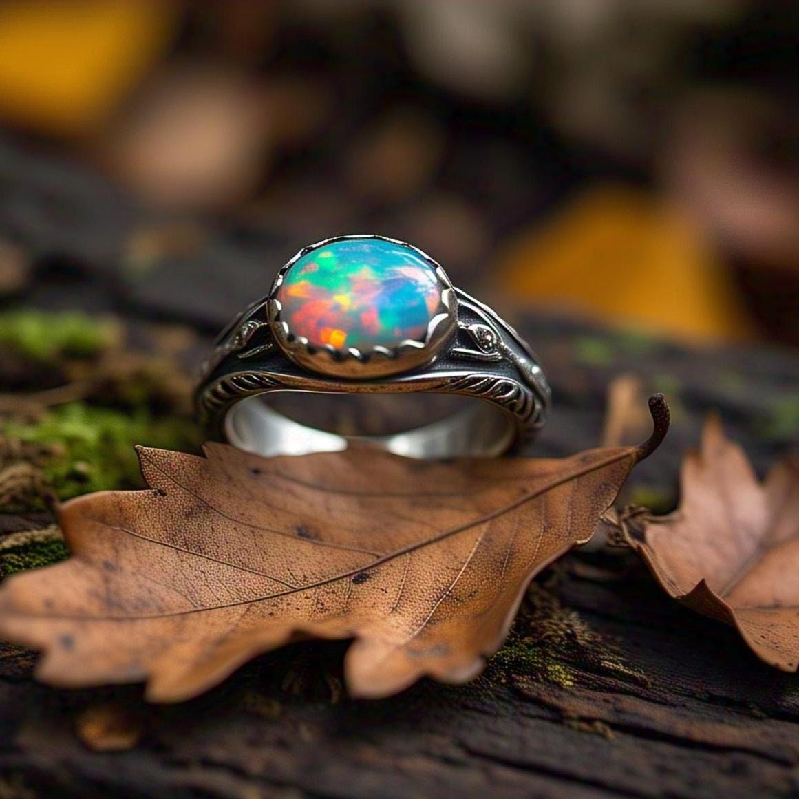 Boho Chic Opal Rings - 925 Sterling Silver, Oval Gemstone, CZ Diamonds