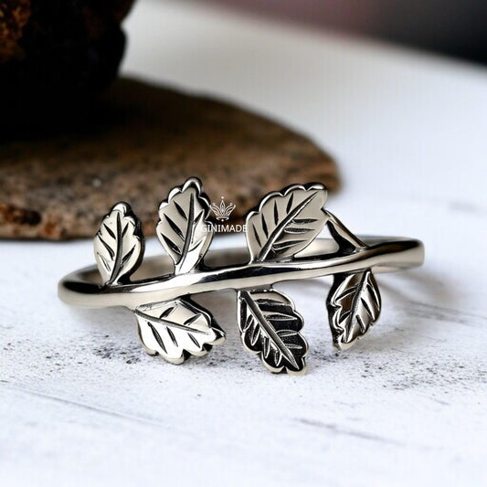Silver Leaf Branch Ring | Nature Inspired Vine Ring for Women & Men | Botanical Leaf Band | Sterling Silver Look Minimal Ring | Gift Jewelry