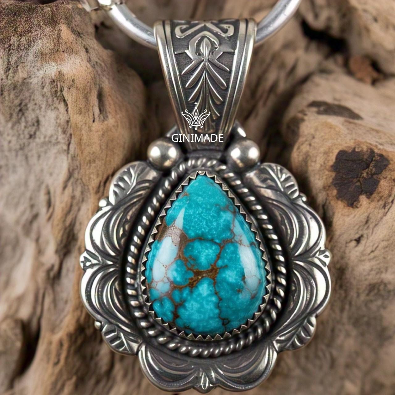 Copper turquoise Pendant Pear – 925 Sterling Silver Boho Necklace, Natural Gemstone Jewelry, Handmade Vintage Gift for Her