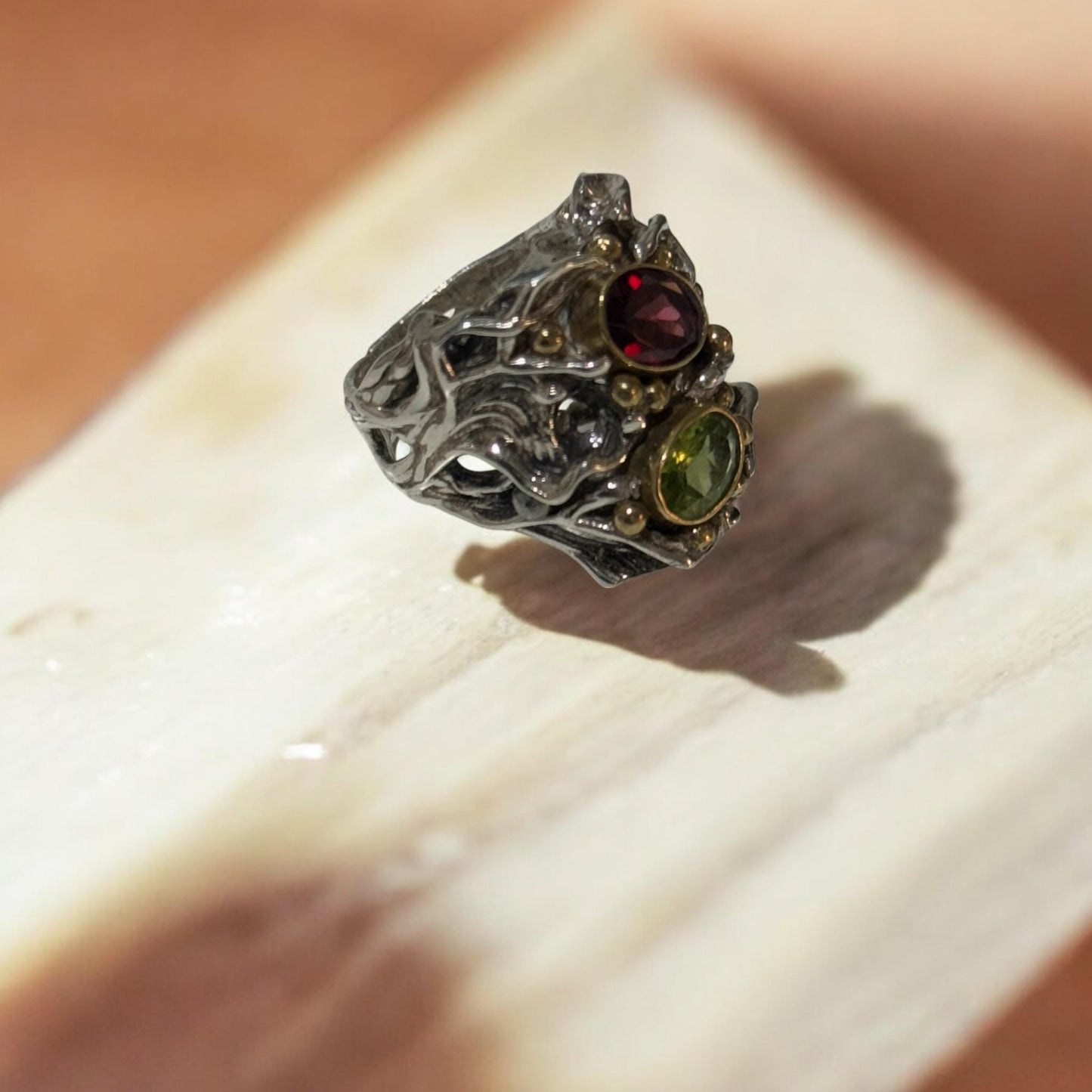 Handmade 925 Sterling Silver Statement Ring with Natural Peridot & Garnet | Artisan Textured Gemstone Ring | Unique Boho Jewelry for Her.