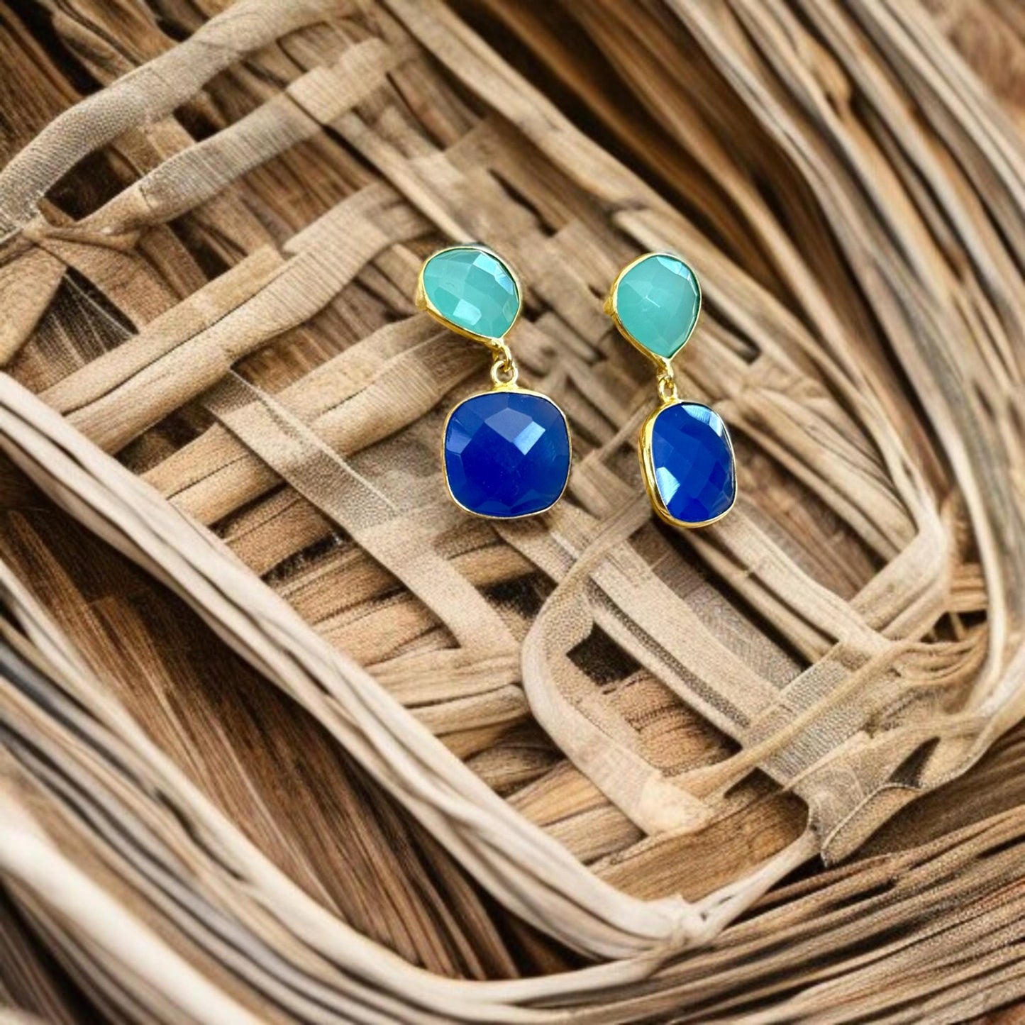 Minimalist Green & Blue Gemstone Earrings | Handmade Gold Plated Dangle Earrings | Brass Drop Jewelry Gift for Her