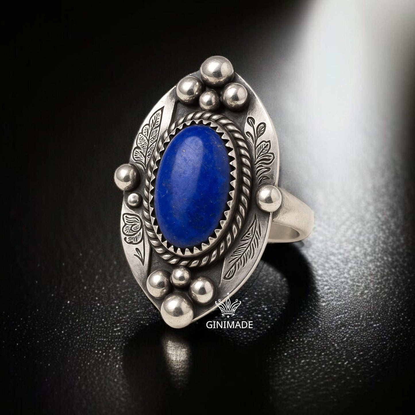 Lapis Lazuli Statement Ring – Vintage Style Sterling Silver Ring – Blue Gemstone Ring for Women – Boho Handmade Jewelry by Ginimade
