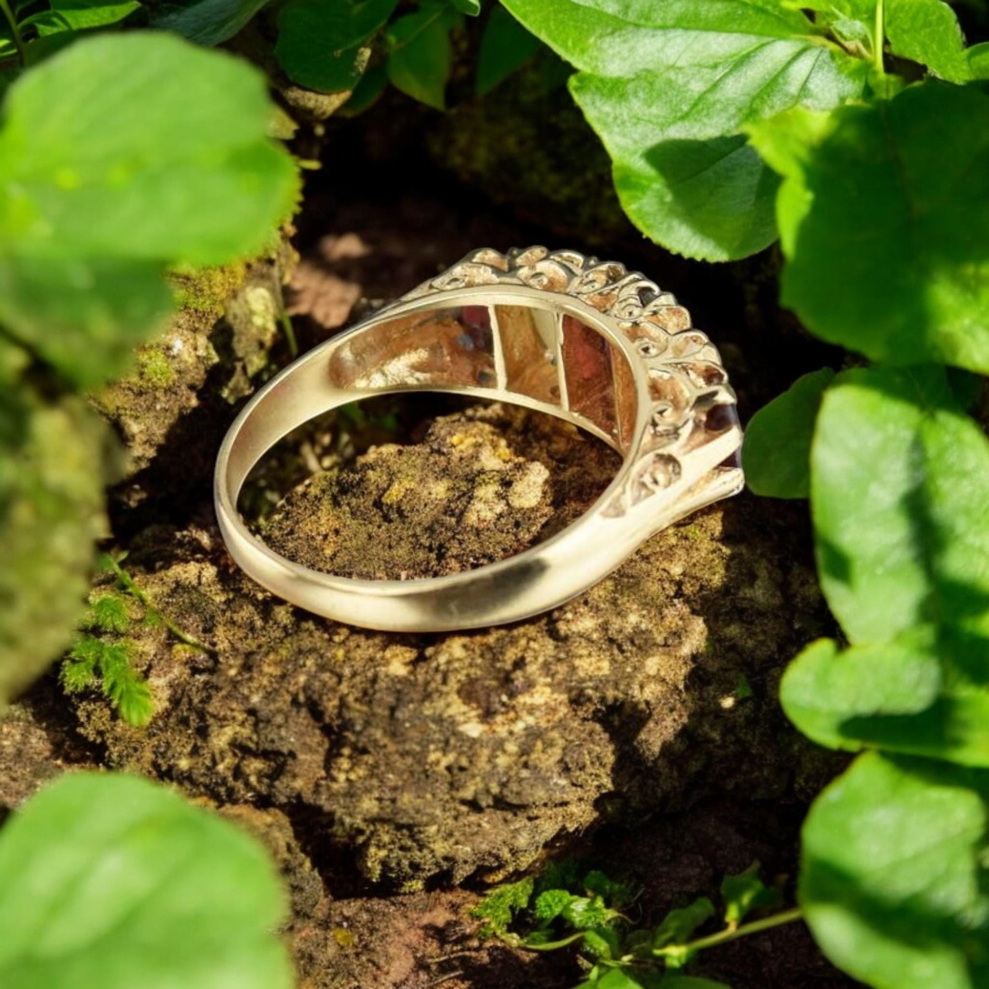 Handcrafted antique design ring with a natural garnet and opal gemstone duo, set in gold-plated silver.