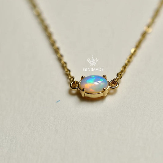 Tiny Opal Gold Necklace – Dainty Oval October Birthstone Pendant | Minimalist Gold Jewelry | Bridesmaid Gift | Birthday Gift for Her