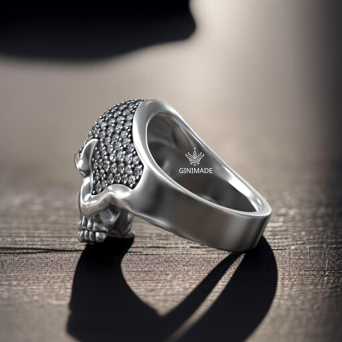Diamond Skull Ring for Men – Sterling Silver Gothic Skull Head Ring – Iced Out Punk Biker Jewelry – Handmade Statement Ring by Ginimade