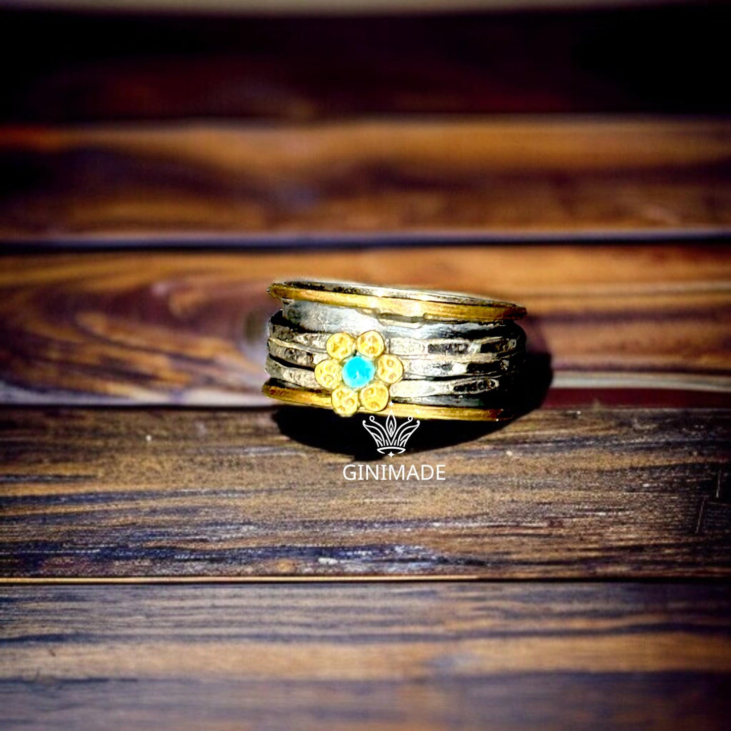Handmade Mixed Metal Flower Ring | Sterling Silver & Brass Spinner Ring with Turquoise Stone | Boho Floral Statement Jewelry by GINIMADE