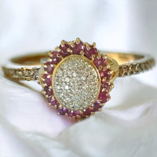 Antique-inspired CZ ruby & white stone ring, 925 silver, Art Deco style, vintage engagement